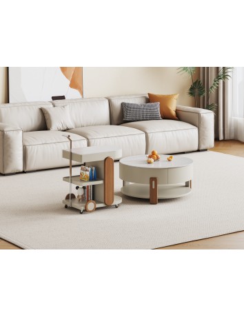 DBB128米灰洞石肌膚冰彩石圓茶几/推車 DBB128米灰洞石肌膚冰彩石圓茶几/推車