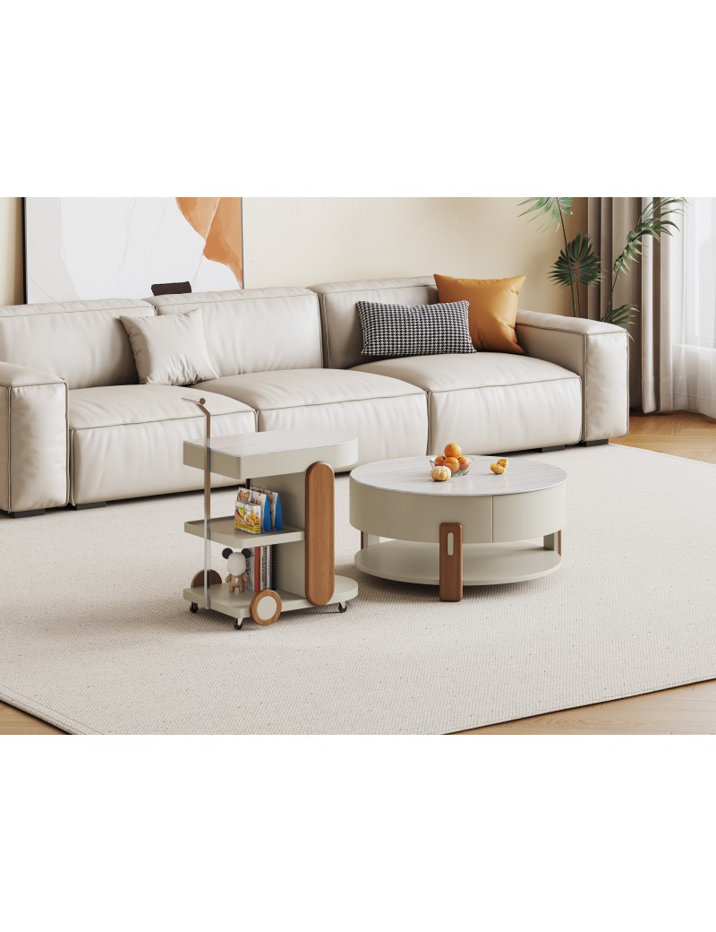 DBB128米灰洞石肌膚冰彩石圓茶几/推車